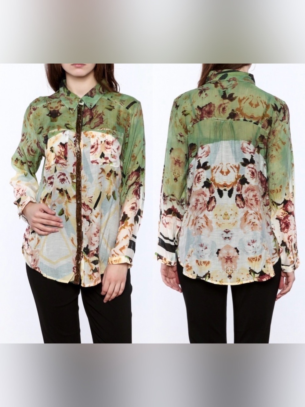 John Mark Floral Animal Print Blouse Velour Trim Button Up Women Sz L Semi Sheer
